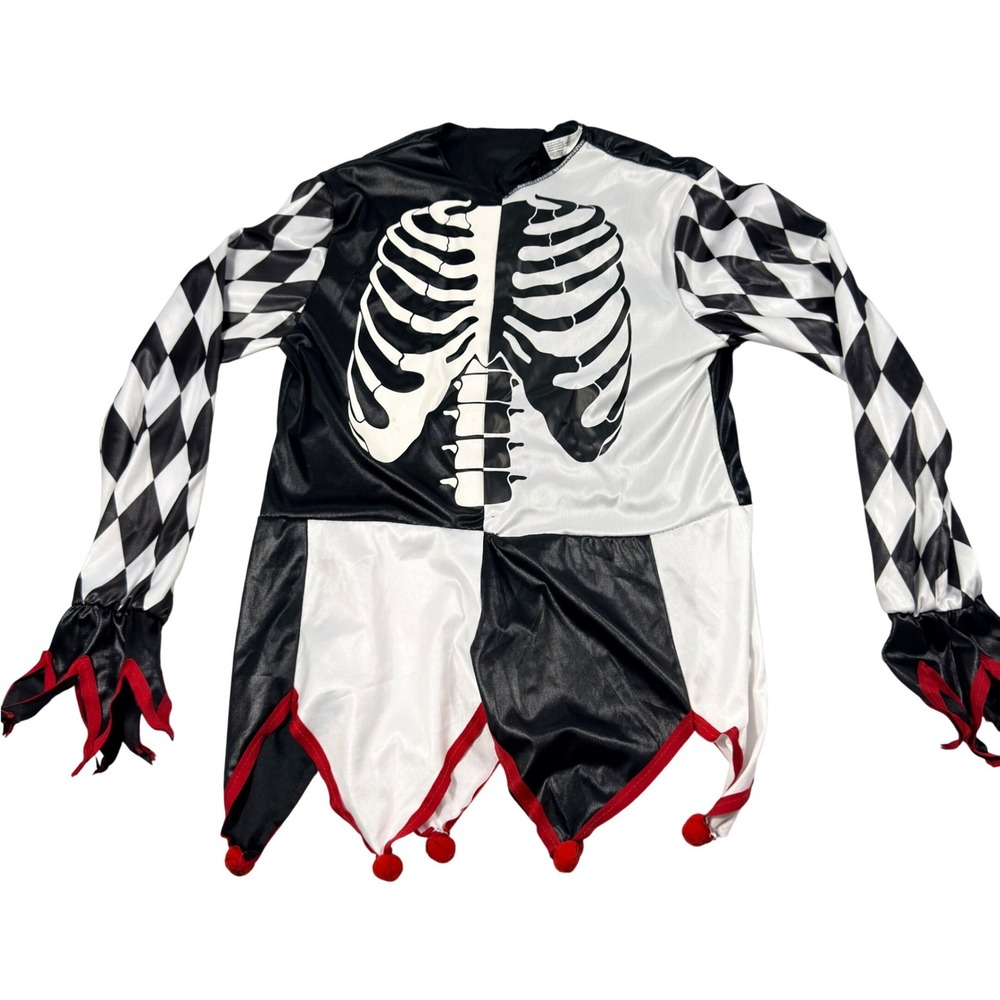 Skeleton Jester Costume Top Headpiece Boys Medium 8-10 Black White Clown Spooky